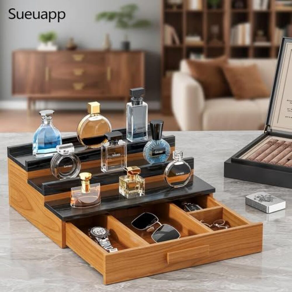 Cologne Organizer Display Shelf Hidden Drawer Storage